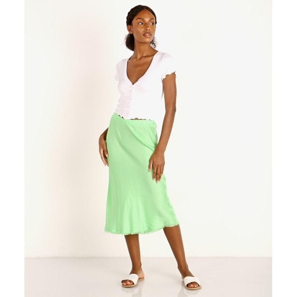 Nation LTD Mabel Bias Skirt Electric Lime Green Midi Size M Fringe Hem Slip Chic